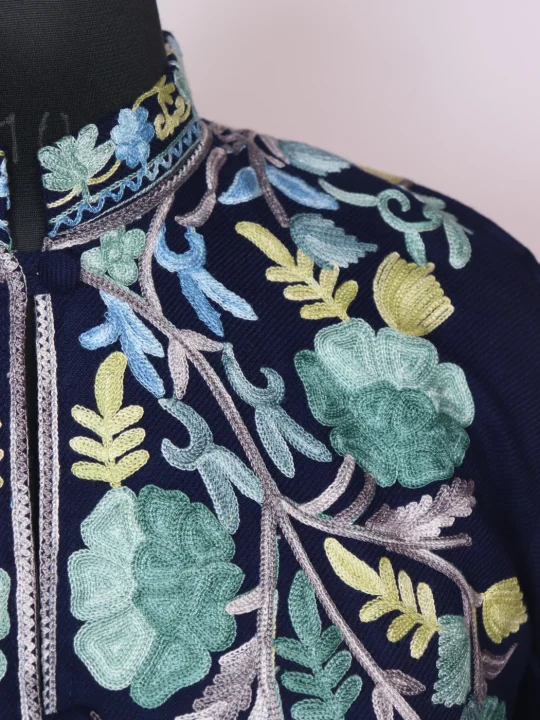 Mariam Kashmiri Long Coat In Cashmilon Wool With Aari Work | Navy Blue - Image 3