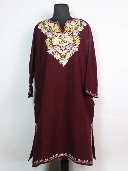 Maroon Kashmiri Pheran In Cashmilon wool With Aari Embroidery | Suhana