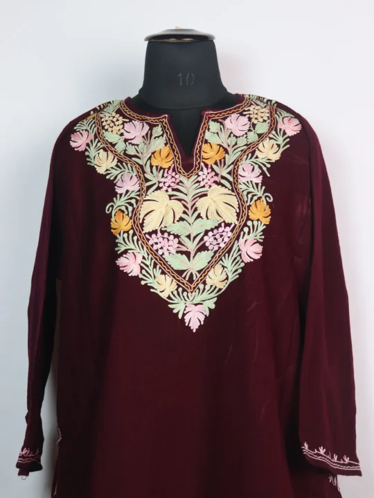 Maroon Kashmiri Pheran In Cashmilon wool With Aari Embroidery | Suhana - Image 2