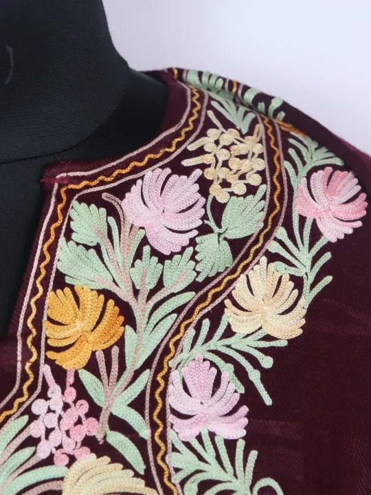 Maroon Kashmiri Pheran In Cashmilon wool With Aari Embroidery | Suhana - Image 3