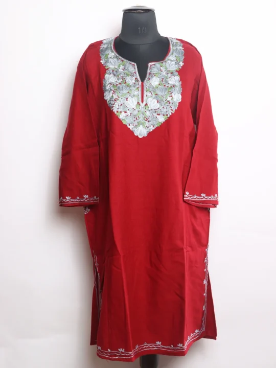 Siyam Kashmiri Pheran In Cashmilon wool With Aari Embroidery| Maroon