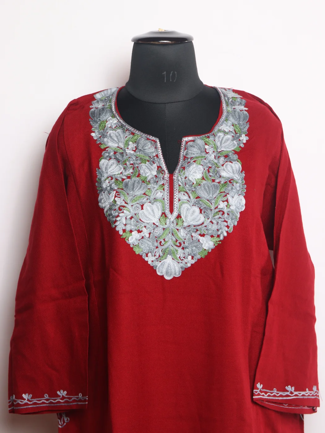 Siyam Kashmiri Pheran In Cashmilon wool With Aari Embroidery| Maroon - Image 2