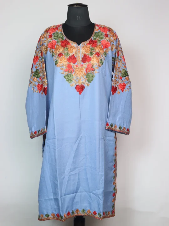 Kashmiri Pheran In Blue Cashmilon wool With Front And Back Aari Work | Meesha