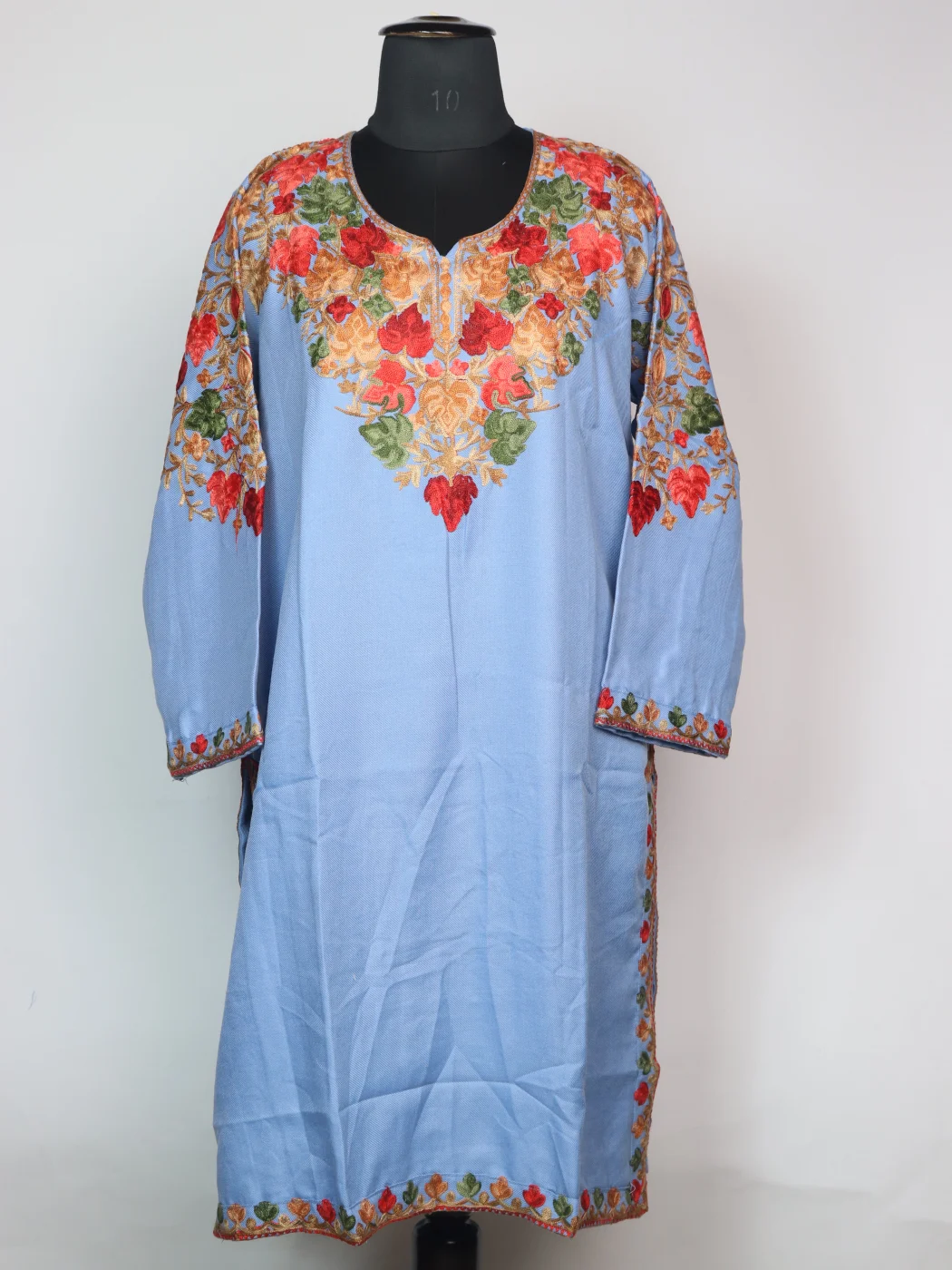 Kashmiri Pheran In Blue Cashmilon wool With Front And Back Aari Work | Meesha