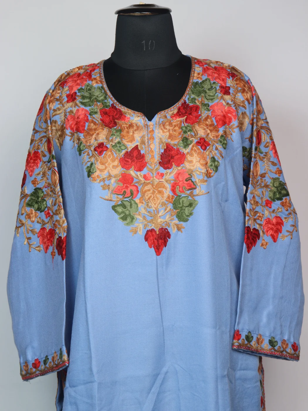 Kashmiri Pheran In Blue Cashmilon wool With Front And Back Aari Work | Meesha - Image 2