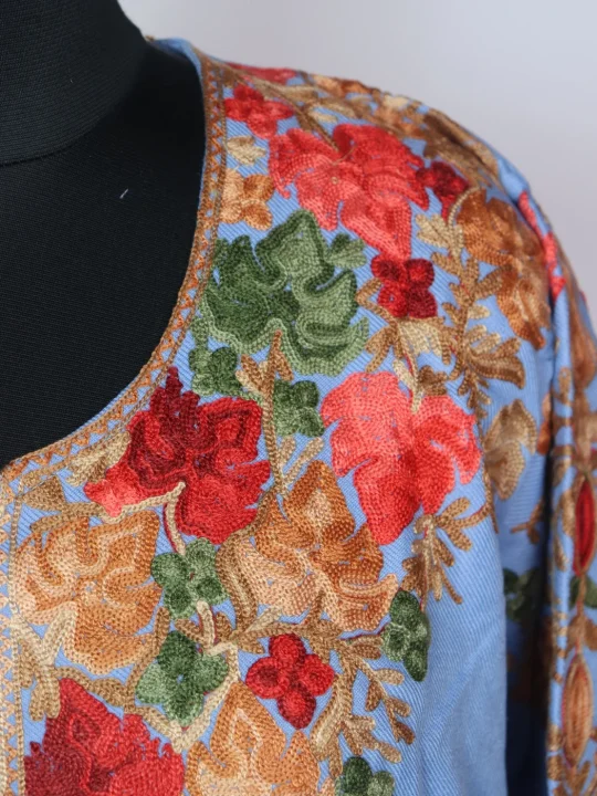 Kashmiri Pheran In Blue Cashmilon wool With Front And Back Aari Work | Meesha - Image 3