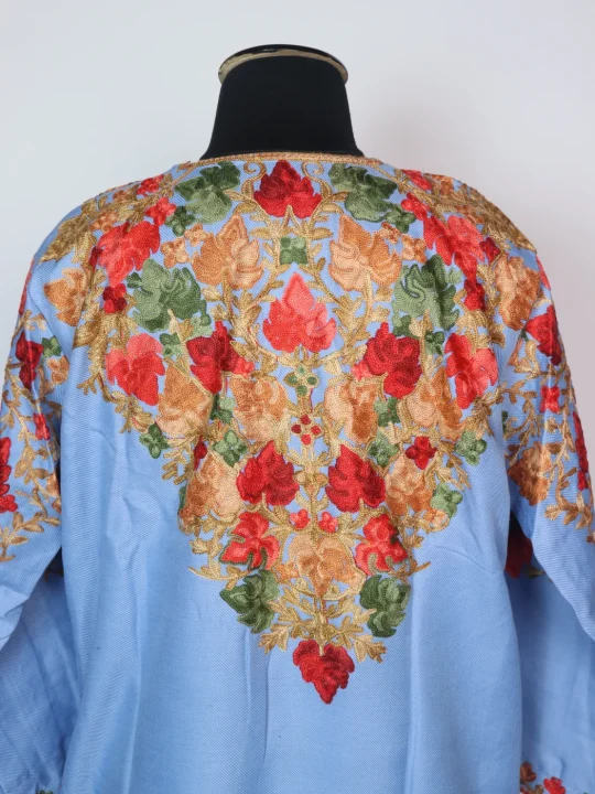 Kashmiri Pheran In Blue Cashmilon wool With Front And Back Aari Work | Meesha - Image 4
