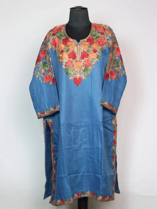 Meesha Kashmiri Pheran In Cashmilon wool With Front And Back Aari Work | Blue