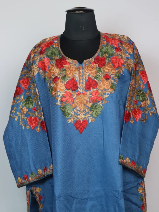 Meesha Kashmiri Pheran In Cashmilon wool With Front And Back Aari Work | Blue - Image 2