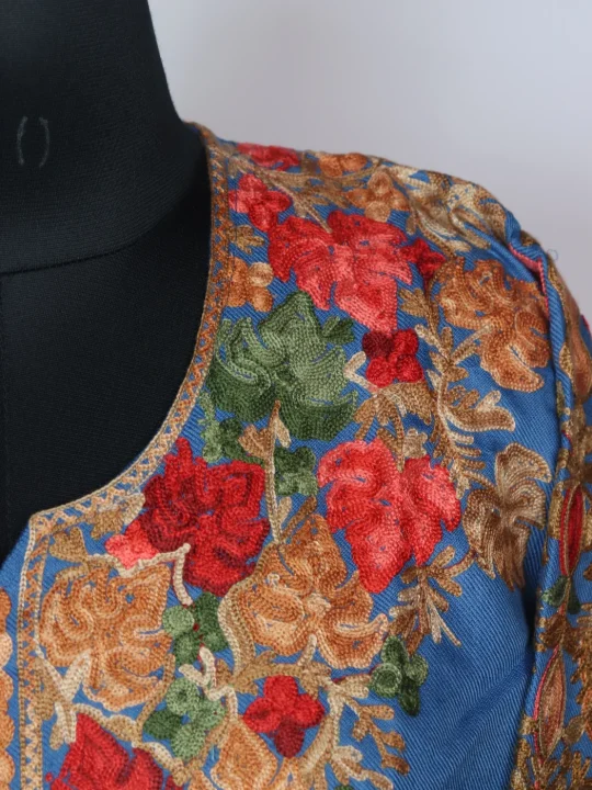 Meesha Kashmiri Pheran In Cashmilon wool With Front And Back Aari Work | Blue - Image 3