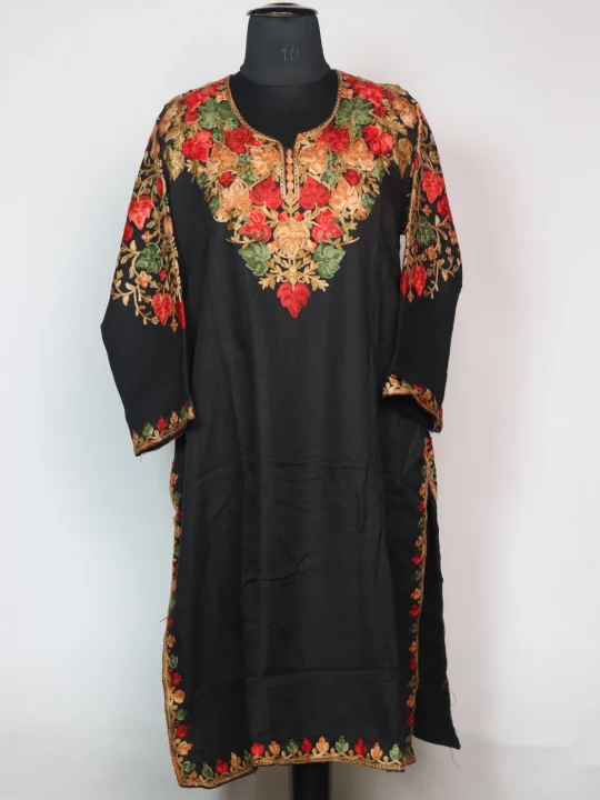 Meesha Kashmiri Pheran In Cashmilon wool With Front And Back Aari Work | Black