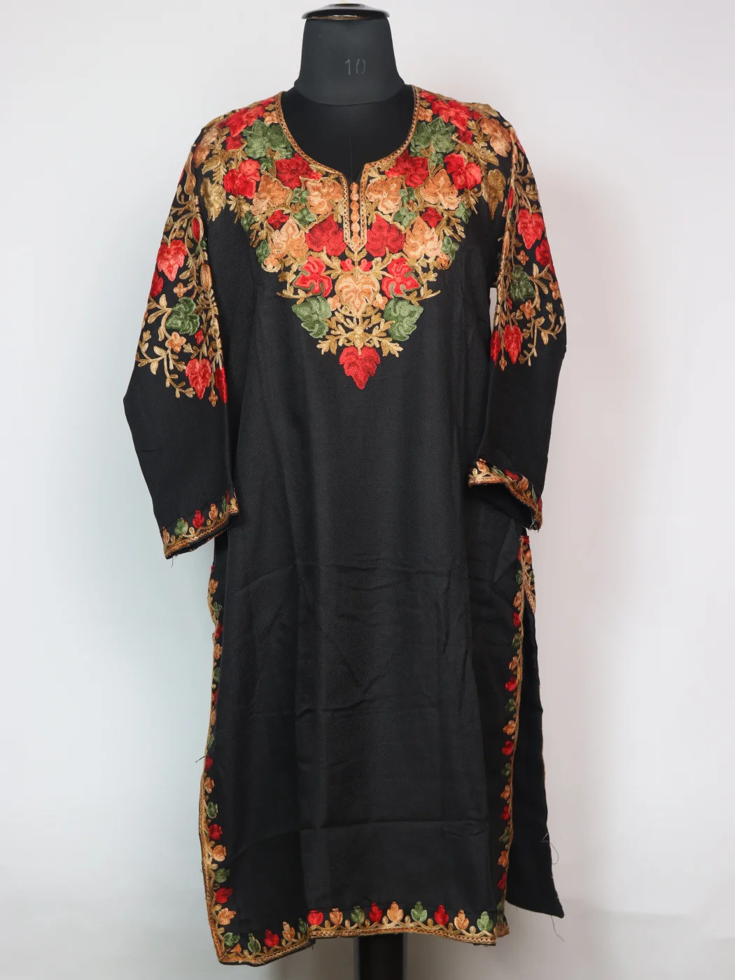Meesha Kashmiri Pheran In Cashmilon wool With Front And Back Aari Work | Black