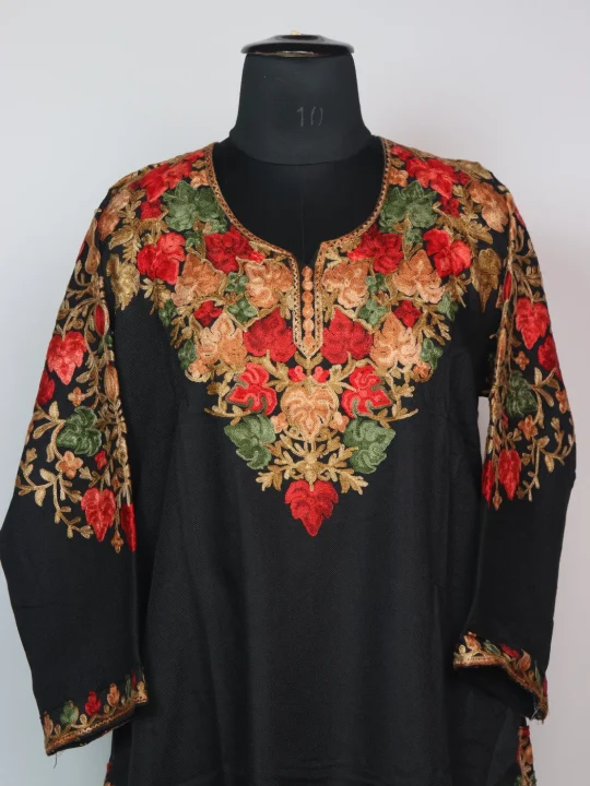 Meesha Kashmiri Pheran In Cashmilon wool With Front And Back Aari Work | Black - Image 2