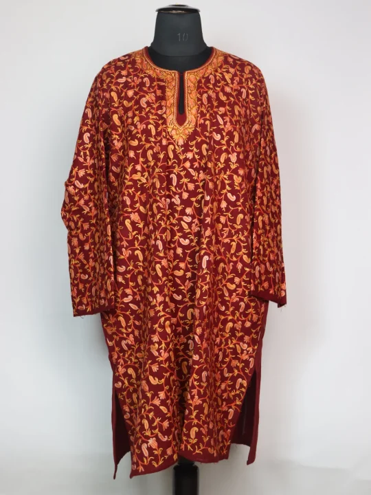Mehraab Kashmiri Pheran In Raffal Wool With Hand Aari Work | Badami Work | Maroon