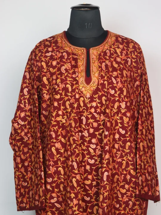 Mehraab Kashmiri Pheran In Raffal Wool With Hand Aari Work | Badami Work | Maroon - Image 2