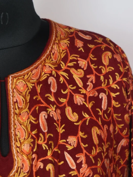 Mehraab Kashmiri Pheran In Raffal Wool With Hand Aari Work | Badami Work | Maroon - Image 3