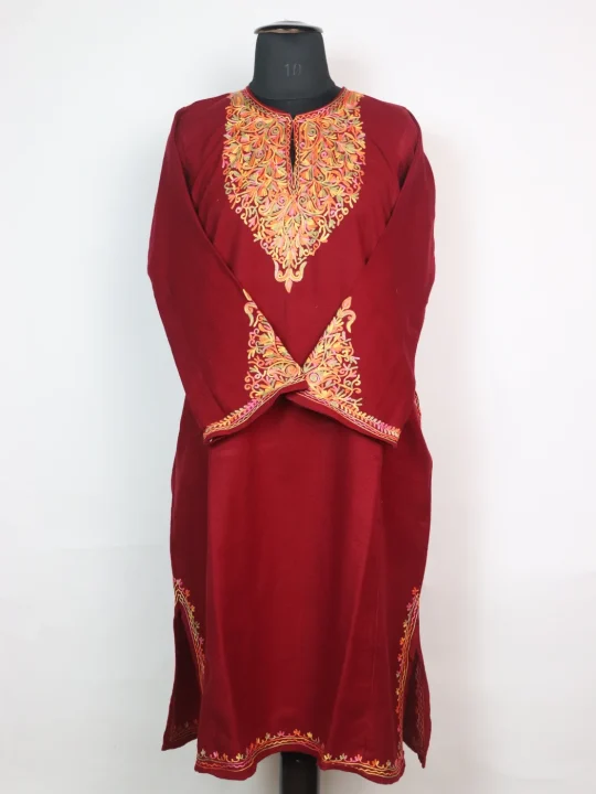 Minaal Kashmiri Pheran in Cashmilon with Sleeve Point Aari Embroidery | Maroon