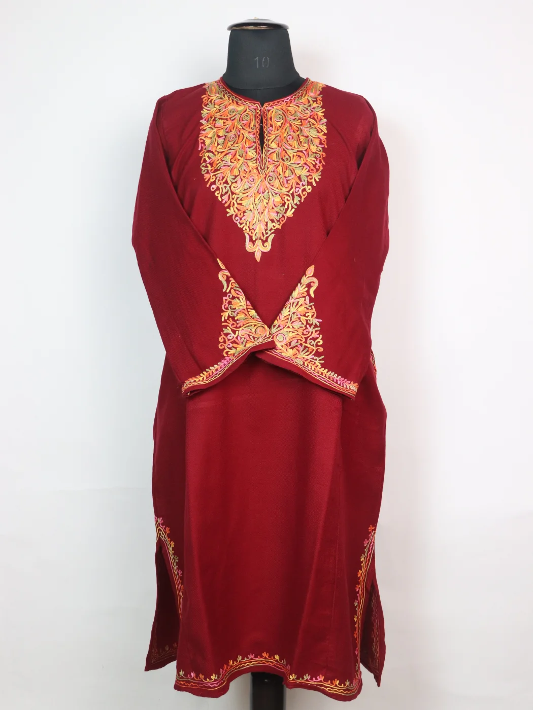 Minaal Kashmiri Pheran in Cashmilon with Sleeve Point Aari Embroidery | Maroon