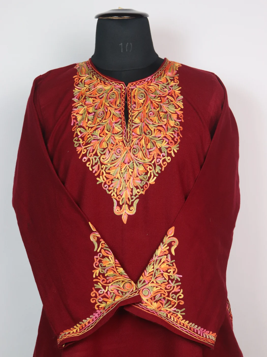 Minaal Kashmiri Pheran in Cashmilon with Sleeve Point Aari Embroidery | Maroon - Image 2