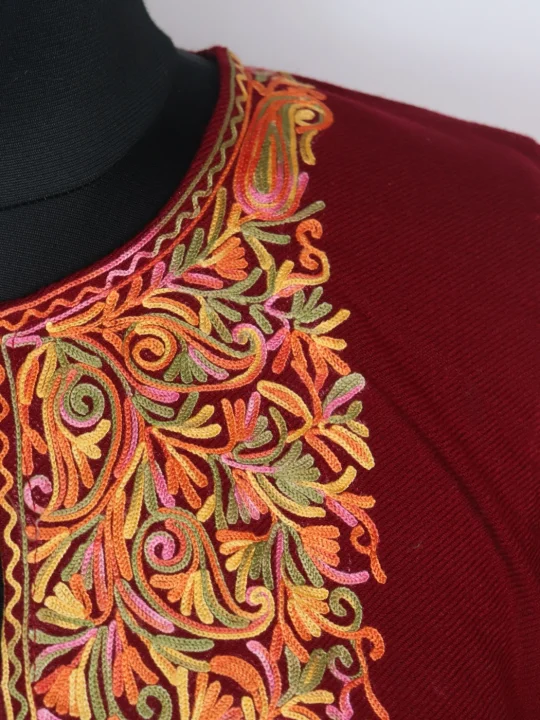 Minaal Kashmiri Pheran in Cashmilon with Sleeve Point Aari Embroidery | Maroon - Image 3