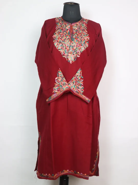 Maroon Kashmiri Pheran in Cashmilon with Sleeve Point Aari Embroidery | Minaal