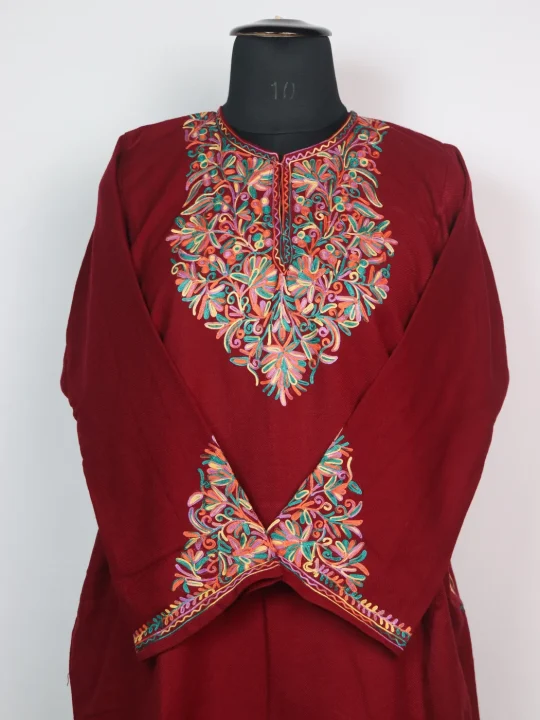 Maroon Kashmiri Pheran in Cashmilon with Sleeve Point Aari Embroidery | Minaal - Image 2