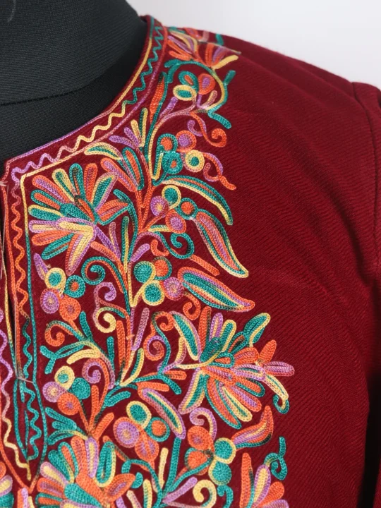 Maroon Kashmiri Pheran in Cashmilon with Sleeve Point Aari Embroidery | Minaal - Image 3