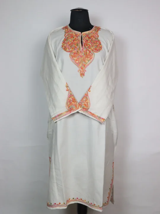 Kashmiri Pheran in White Cashmilon with Sleeve Point Aari Embroidery | Minaal