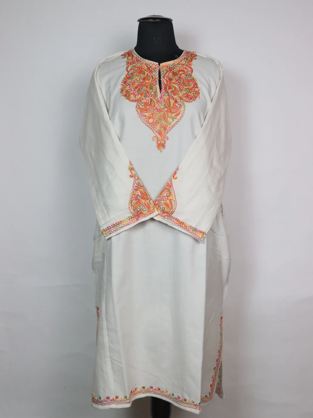 Kashmiri Pheran in White Cashmilon with Sleeve Point Aari Embroidery | Minaal
