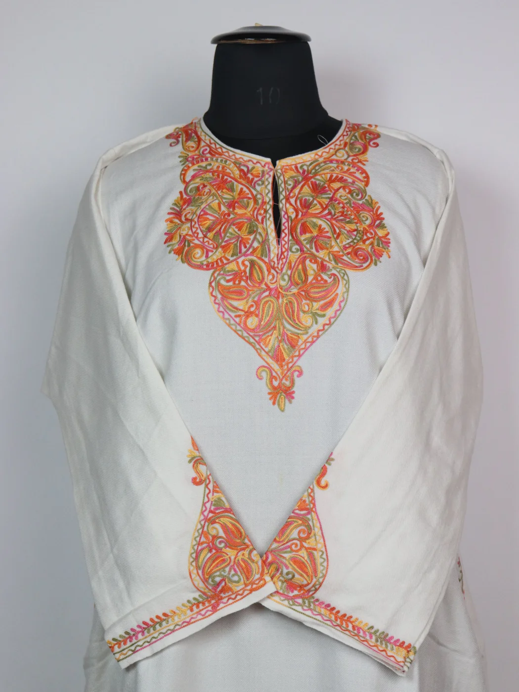 Kashmiri Pheran in White Cashmilon with Sleeve Point Aari Embroidery | Minaal - Image 2