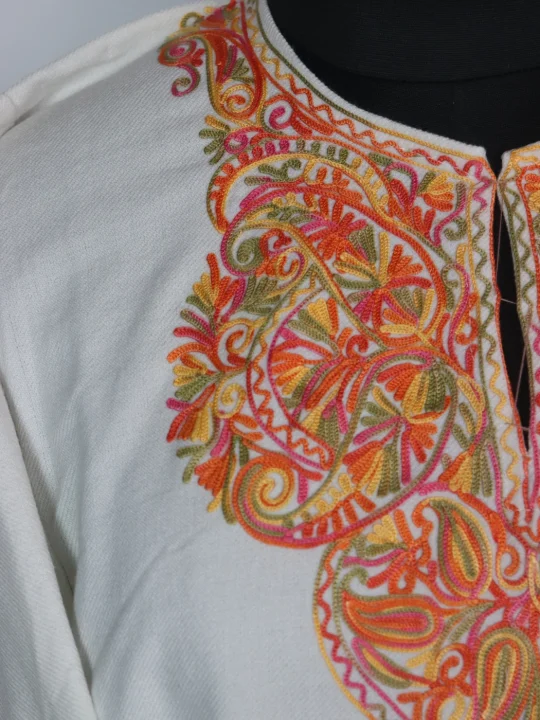 Kashmiri Pheran in White Cashmilon with Sleeve Point Aari Embroidery | Minaal - Image 3