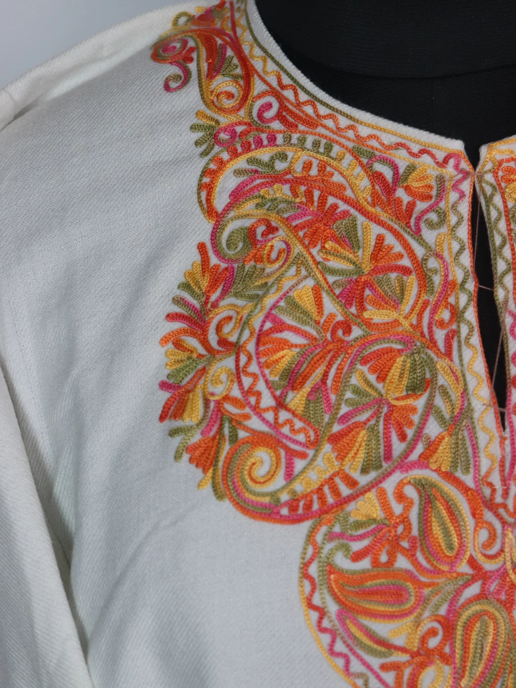Kashmiri Pheran in White Cashmilon with Sleeve Point Aari Embroidery | Minaal - Image 3