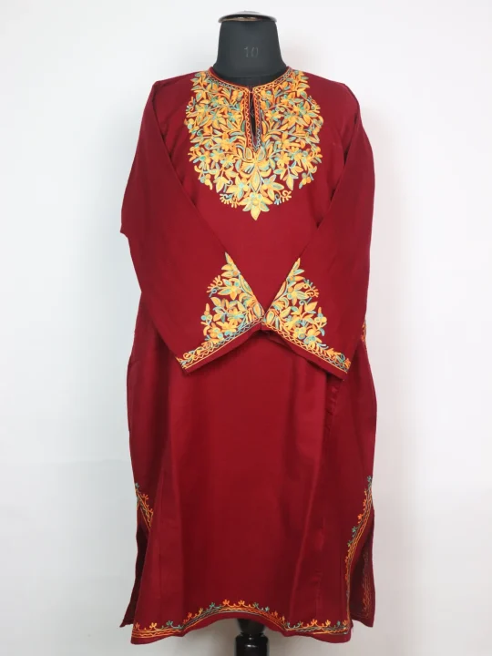 Kashmiri Pheran Minaal with Sleeve Point Aari Embroidery in Cashmilon | Maroon