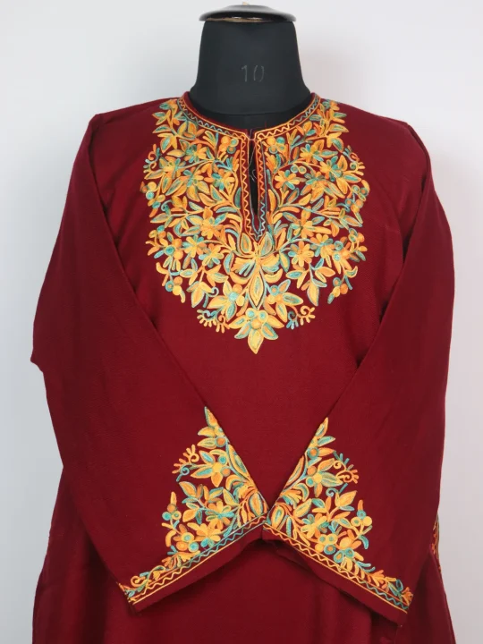 Kashmiri Pheran Minaal with Sleeve Point Aari Embroidery in Cashmilon | Maroon - Image 2