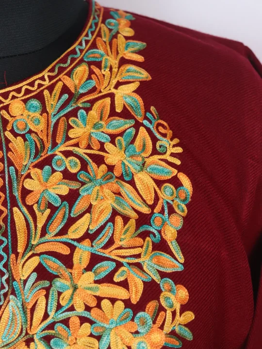 Kashmiri Pheran Minaal with Sleeve Point Aari Embroidery in Cashmilon | Maroon - Image 3
