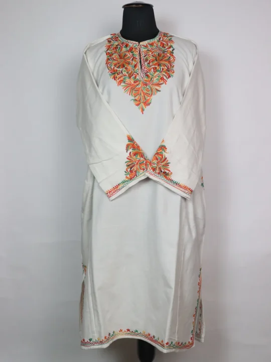 Kashmiri Pheran Minaal  in Cashmilon with Sleeve Point Aari Work | Off White