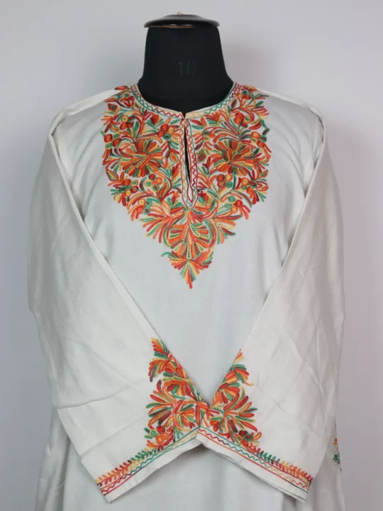 Kashmiri Pheran Minaal  in Cashmilon with Sleeve Point Aari Work | Off White - Image 2