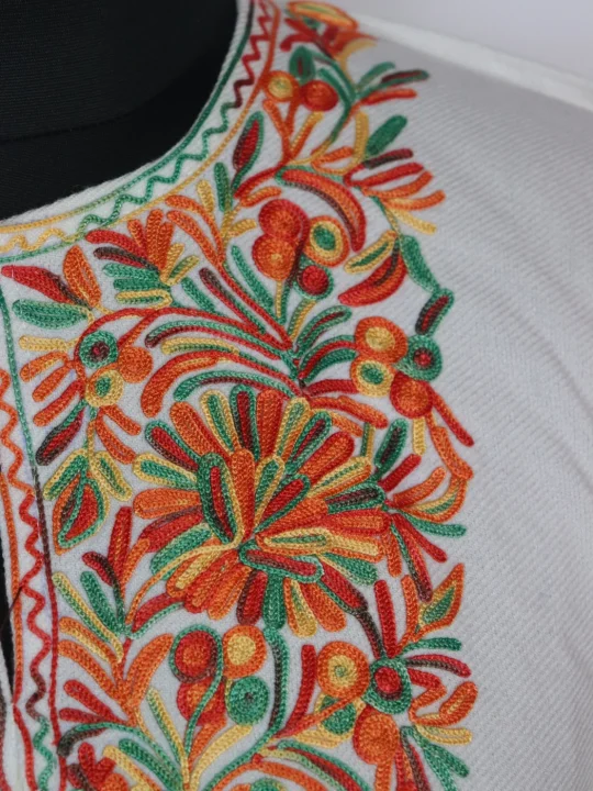 Kashmiri Pheran Minaal  in Cashmilon with Sleeve Point Aari Work | Off White - Image 3
