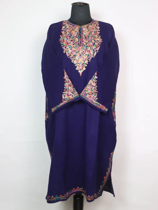 Blue Kashmiri Pheran in Cashmilon with Sleeve Point Aari Embroidery | Minaal