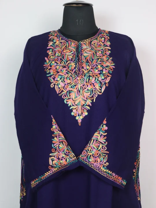 Blue Kashmiri Pheran in Cashmilon with Sleeve Point Aari Embroidery | Minaal - Image 2