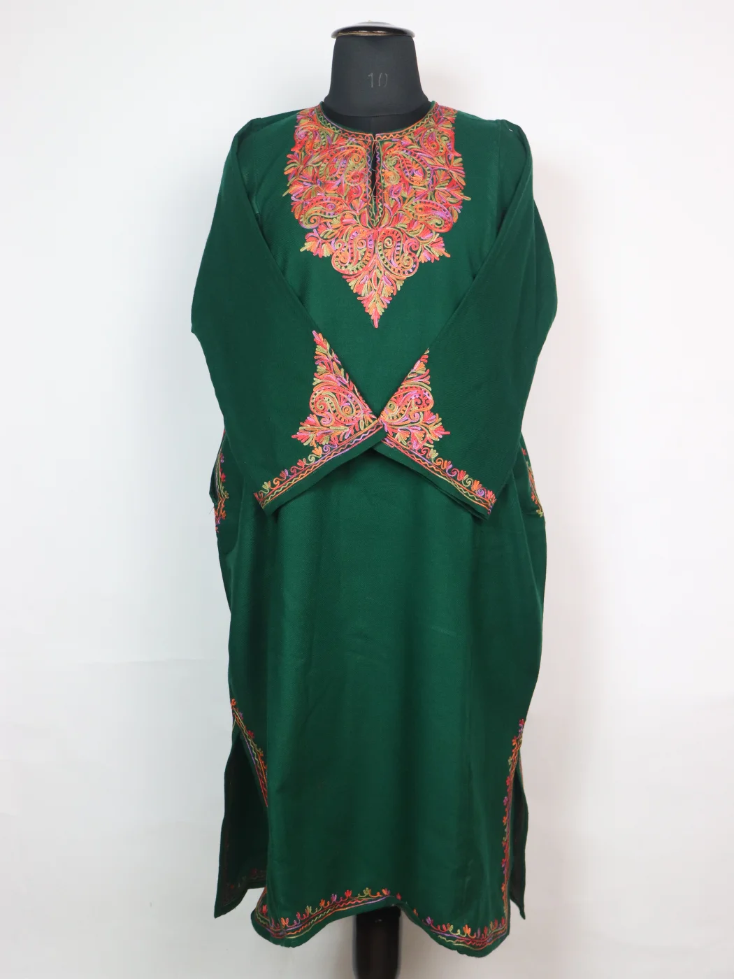 Minaal Kashmiri Pheran in Cashmilon with Sleeve Point Aari Embroidery | Dark Green