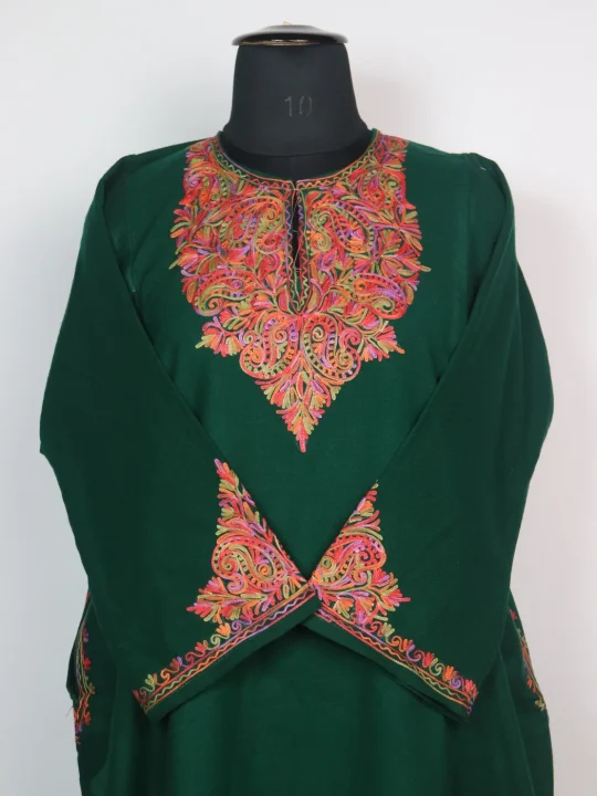 Minaal Kashmiri Pheran in Cashmilon with Sleeve Point Aari Embroidery | Dark Green - Image 2