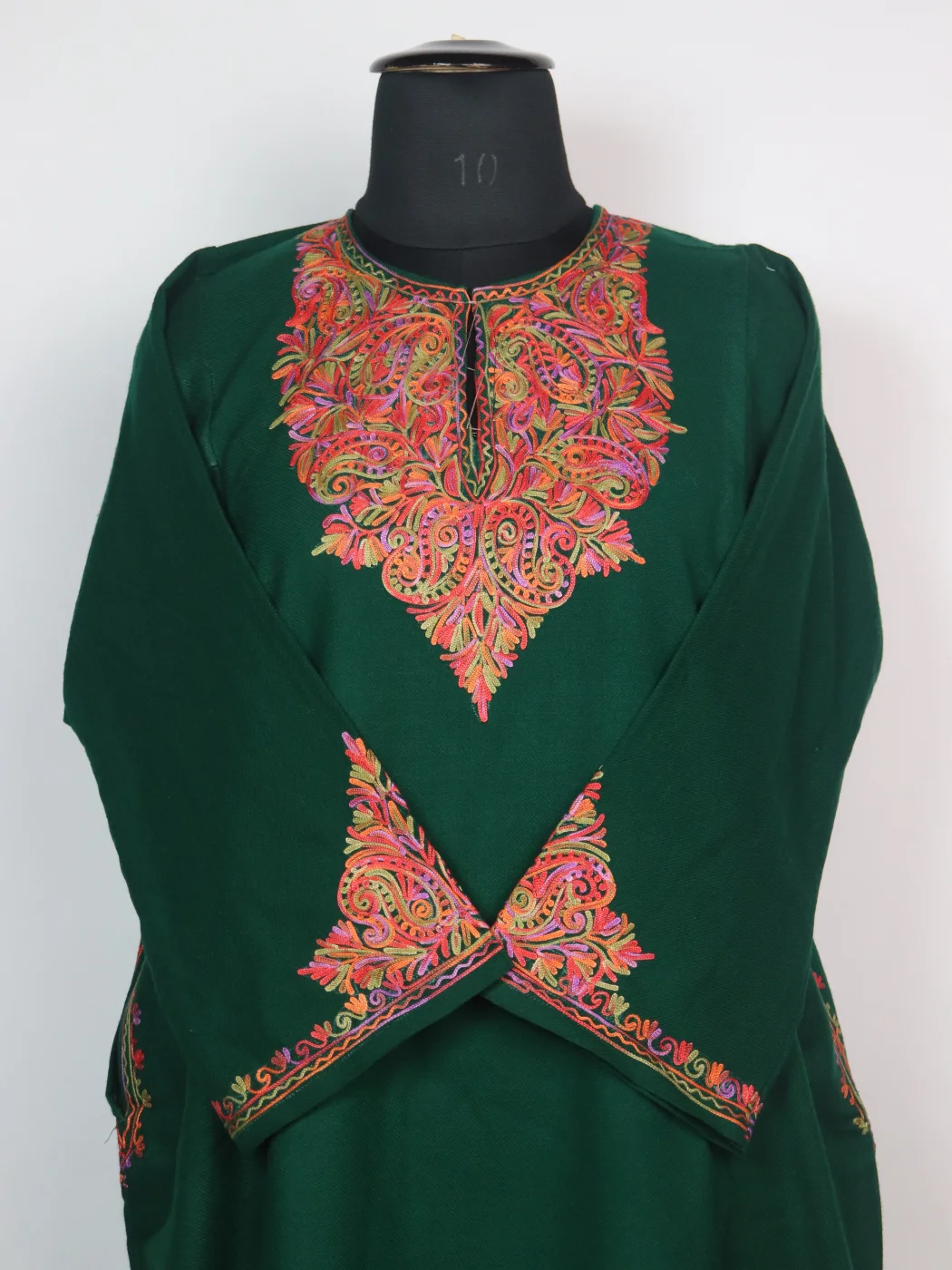 Minaal Kashmiri Pheran in Cashmilon with Sleeve Point Aari Embroidery | Dark Green - Image 2