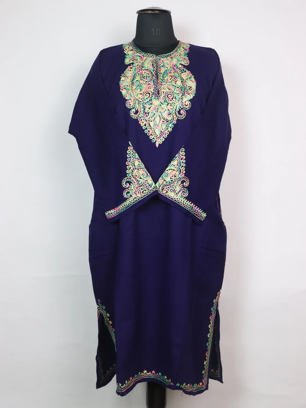 Kashmiri Pheran Minaal with Sleeve Point Aari Embroidery in Cashmilon | Navy Blue