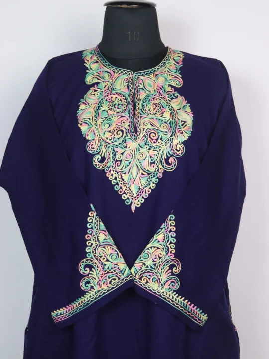 Kashmiri Pheran Minaal with Sleeve Point Aari Embroidery in Cashmilon | Navy Blue - Image 2