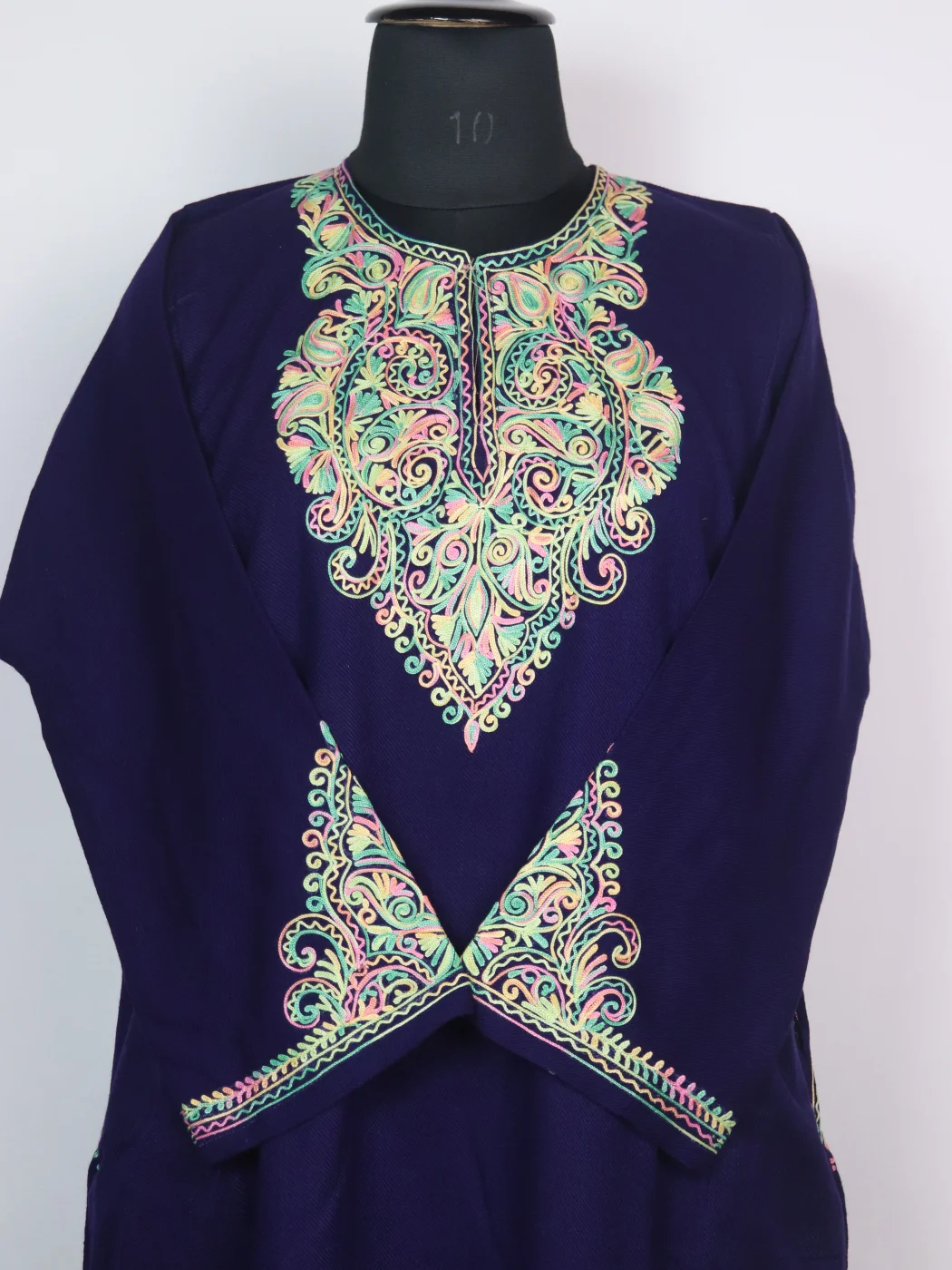 Kashmiri Pheran Minaal with Sleeve Point Aari Embroidery in Cashmilon | Navy Blue - Image 2