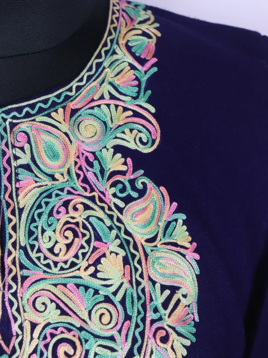 Kashmiri Pheran Minaal with Sleeve Point Aari Embroidery in Cashmilon | Navy Blue - Image 3