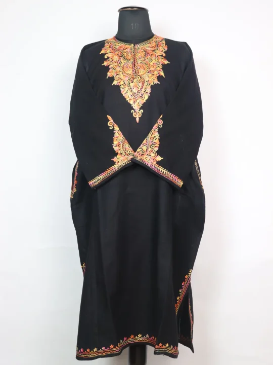 Black Kashmiri Pheran in Cashmilon with Sleeve Point Aari Embroidery | Minaal