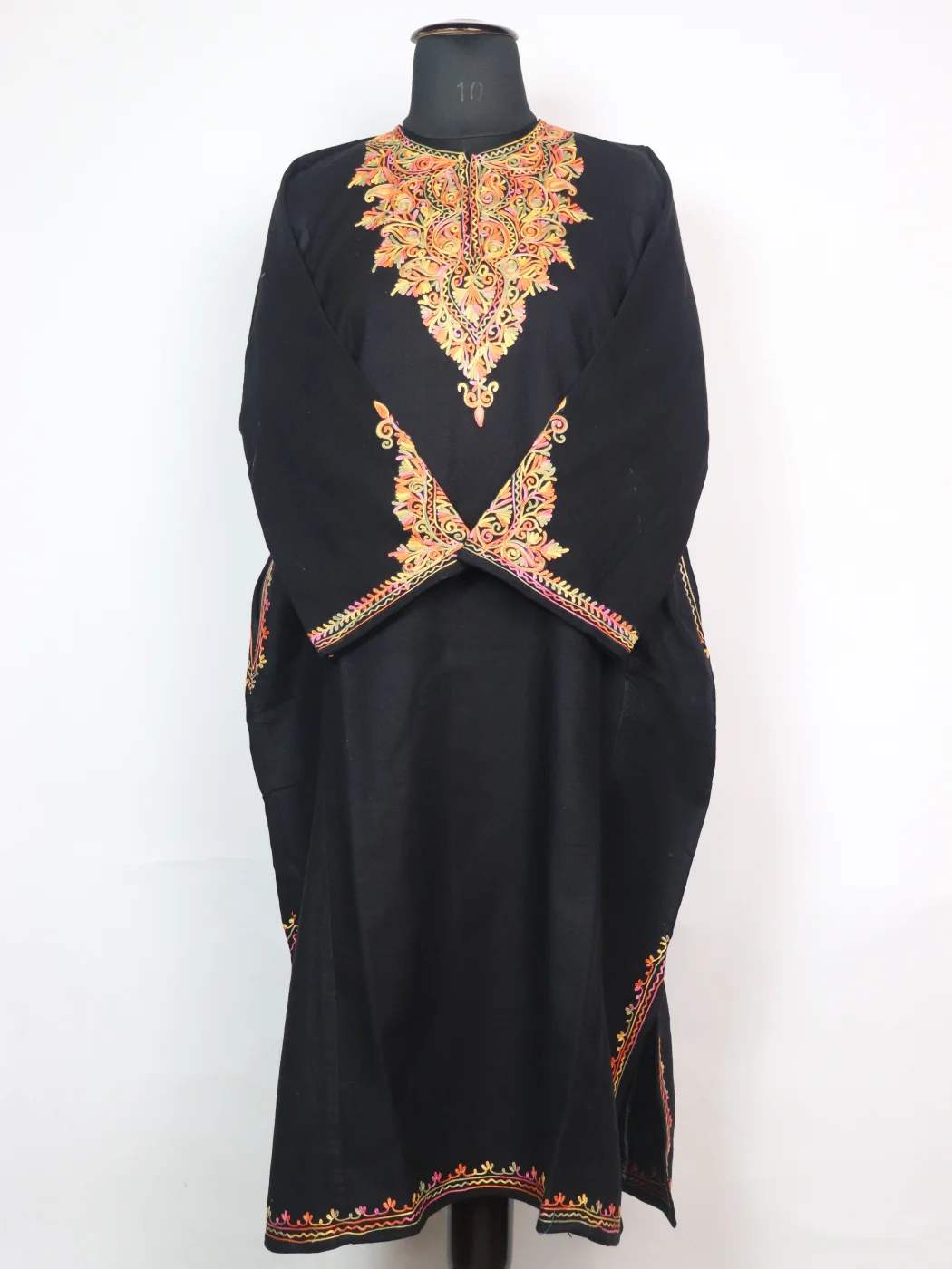 Black Kashmiri Pheran in Cashmilon with Sleeve Point Aari Embroidery | Minaal