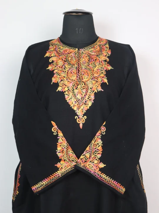Black Kashmiri Pheran in Cashmilon with Sleeve Point Aari Embroidery | Minaal - Image 2
